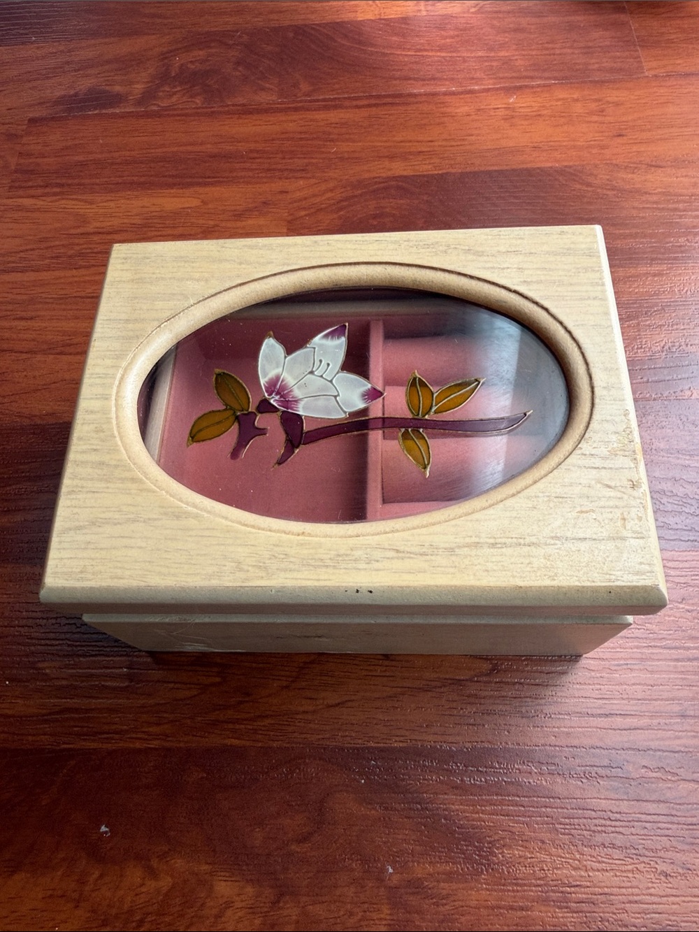 Vintage Wooden Jewelry Box with Floral Glass Inset